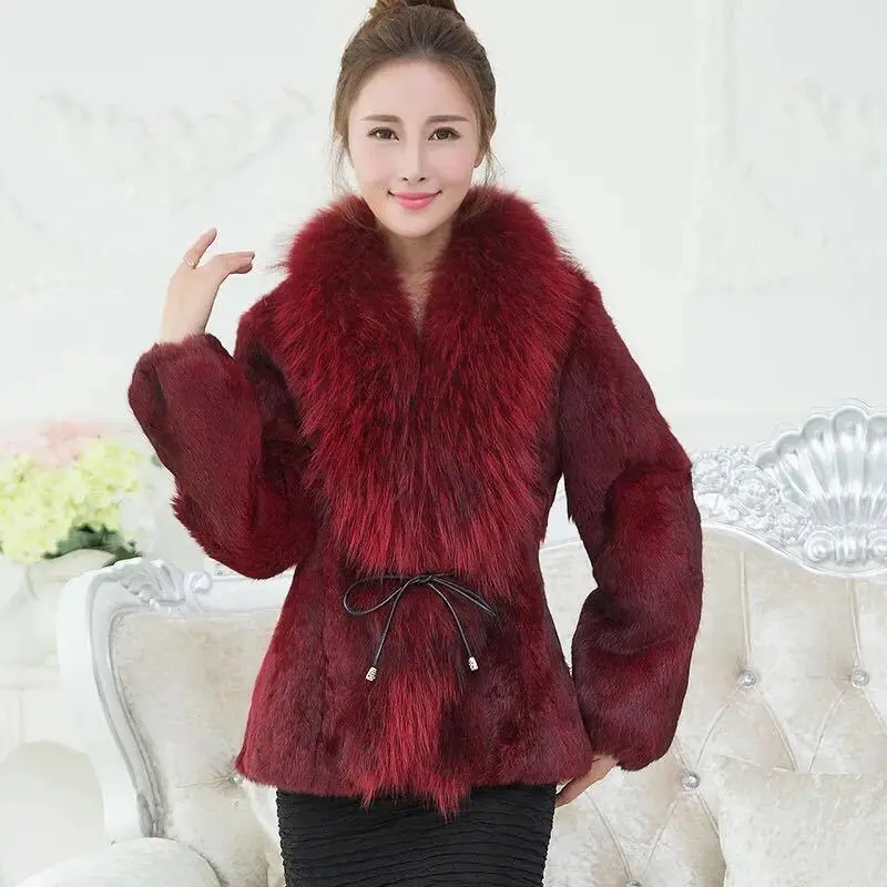 wine red Женская новая зимняя шуба из меха енота, пальто из натурального меха кролика, Женская плюшевая теплая мягкая натуральная меховая шуба Abrigo Mujer Invierno M110 - Цвет: wine red