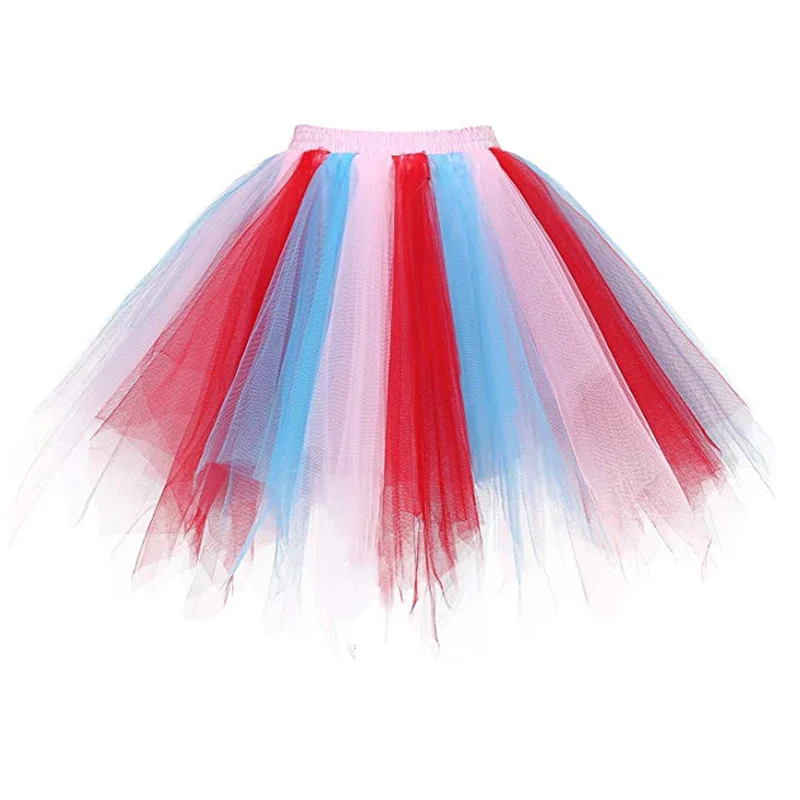 red blue Асимметричная оранжевая мини-юбка из тюля; короткая кринолиновая юбка на день рождения для девочек; цвет желтый, розовый; пышная балетная юбка; юбка-комбинация - Цвет: red blue