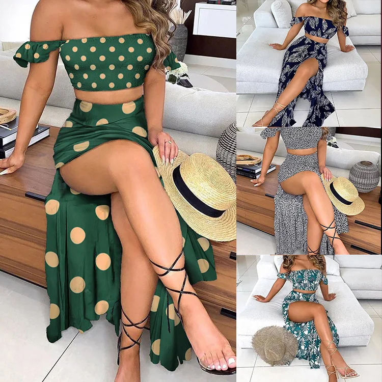 

Female 2021 summer new sexy wrapped chest one-shoulder split skirt beach dress two-piece suit