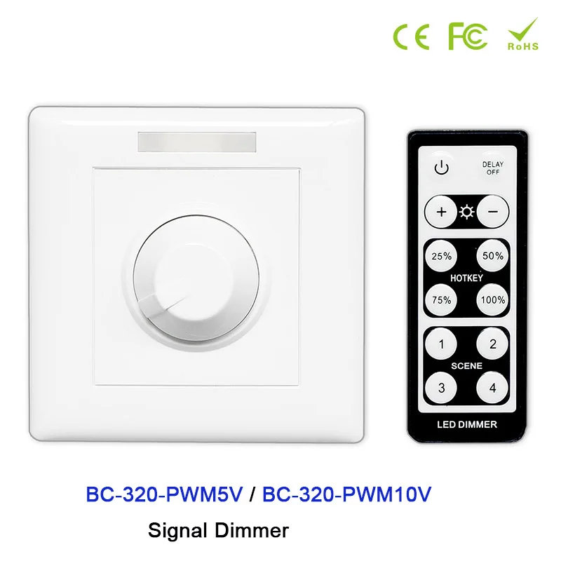 

BC-320-PWM5V/BC-320-PWM10V AC85-265V Wall-mounted Knob style PWM5V/PWM10V Signal Dimmer Controller&IR remote for led strip light
