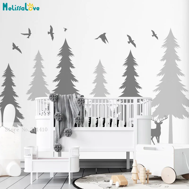 

Nursery Woodland Wall Decals Pine Tree With Bear And Deer Murals Nature Forest Kids Room DIY Stickers Removable YT6434