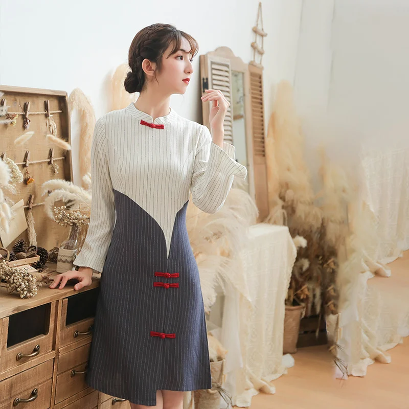Осеннее новое оригинальное платье в национальном стиле qipao с отстроченными пуговицами, 7 минут, с рукавами, развивающее нравственное платье