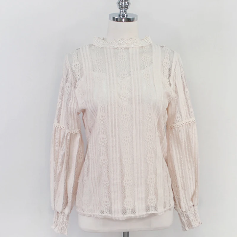 Blusas mujer de moda, женские топы с длинным рукавом, кружевная блузка, рубашки для женщин, топы, сплайсированные одноцветные Женские топы со стойкой, розовые 6899 50