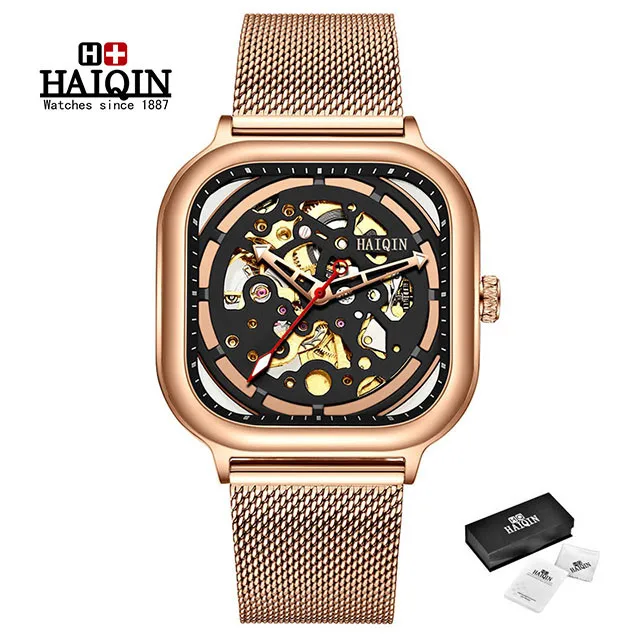gold 2019New HAIQIN синий сетчатый ремень модные мужские механические часы лучший бренд класса люкс водонепроницаемые автоматические наручные часы Relogio Masculino - Цвет: gold