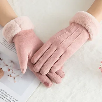 

New Winter Female Lace Warm Cashmere Three Ribs Cute Bear Mittens Double thick Plush Wrist Women Gloves #L10