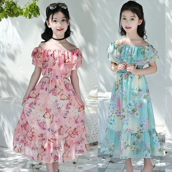 

Kids Teenager Girls Summer Chiffon Floral Long Princess Dress Clothes For Girls School Bohemia Elegant Beach Dress Clothing NeW
