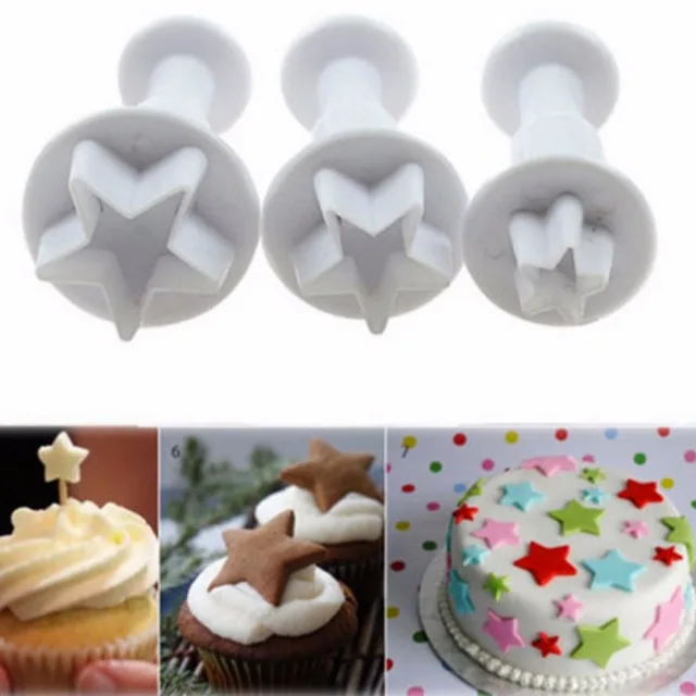 3Pcs Csillag Alakú Műanyag Dugattyúvágó Fondant Sütemény Penész Cupcake Süti Tészta Csokoládé Keksz Dekoráció Sütőeszköz Fq2011