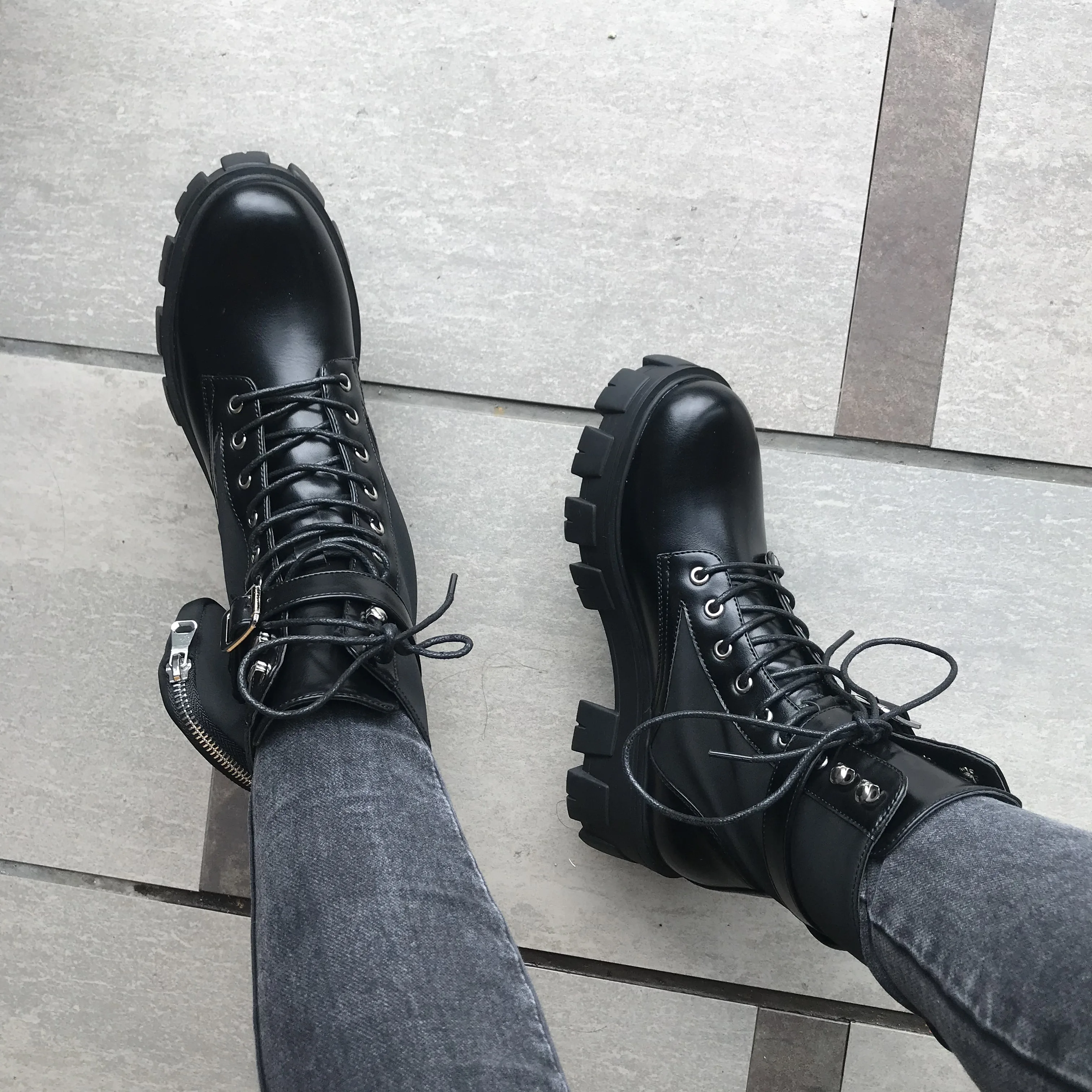 [GOGD]Autumn Winter Motorcycle Ankle Wallet Combat Boots for Women Platform Artificial Leather
