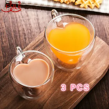 

3pcs Handmade Double Wall Glass Coffee Mug Heat-Resisting Insulated Heart Shaped Tea Cup Mini Double Layer Espresso Latte Mug