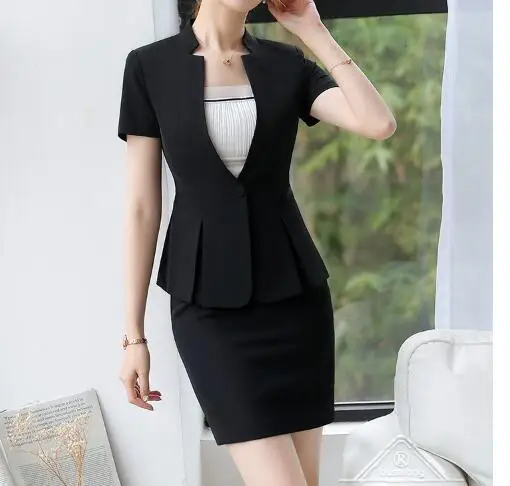 blackskirtsuit Летняя официальная Женская юбка костюм Красная куртка с коротким рукавом и юбка комплект из двух предметов бизнес интервью офисный комплект - Цвет: blackskirtsuit