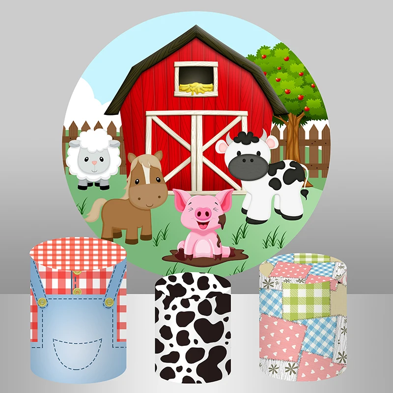 Primeiro Birthday Party Photo Background Animais dos Desenhos Animados Vaca Vermelho Fazenda Pano de Fundo Redondo Bandeira Cilindro Capas Baby Shower