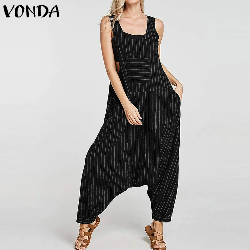 Модный комбинезон VONDA винтажный Летний Полосатый пляжный костюм повседневные богемные комбинезоны без рукавов женские свободные широкие длинные штаны