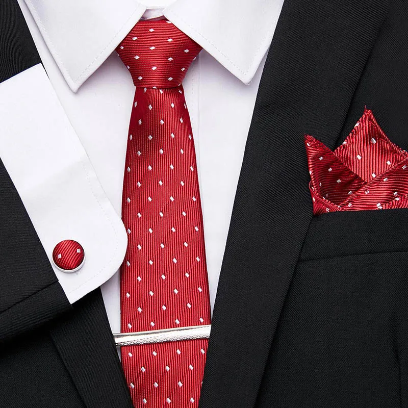 Брендовый мужской галстук в красный горошек, жаккардовый тканый 7,5 см, шелковые запонки, зажим для галстука, носовой платок, галстук, набор, мужские аксессуары для шеи