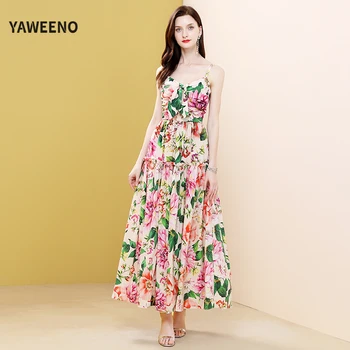 

Yaweeno New High-Quality Fashion Elegant Summer Dresses Women Sweet Printed Sexy V-Neck Sling Cotton Vacation Beach Maxi Dress