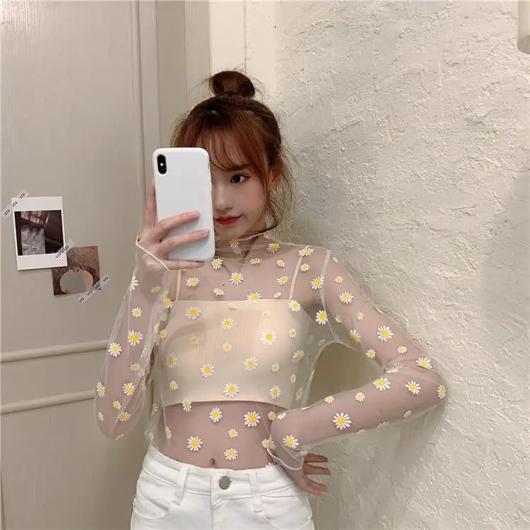 See Through Small chrysanthemum Mesh Gauze Tops Long Sleeve Transparent Sun Protection Ladies Turtleneck summer T-Shirt Top