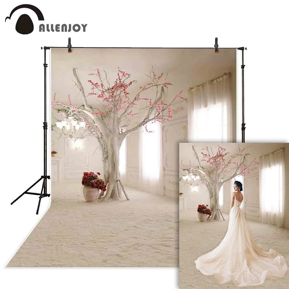 

Allenjoy Wedding Photography Backdrop White Window Curtain Flower Tree Background Photo Studio Shoot Prop Photocall Photophone