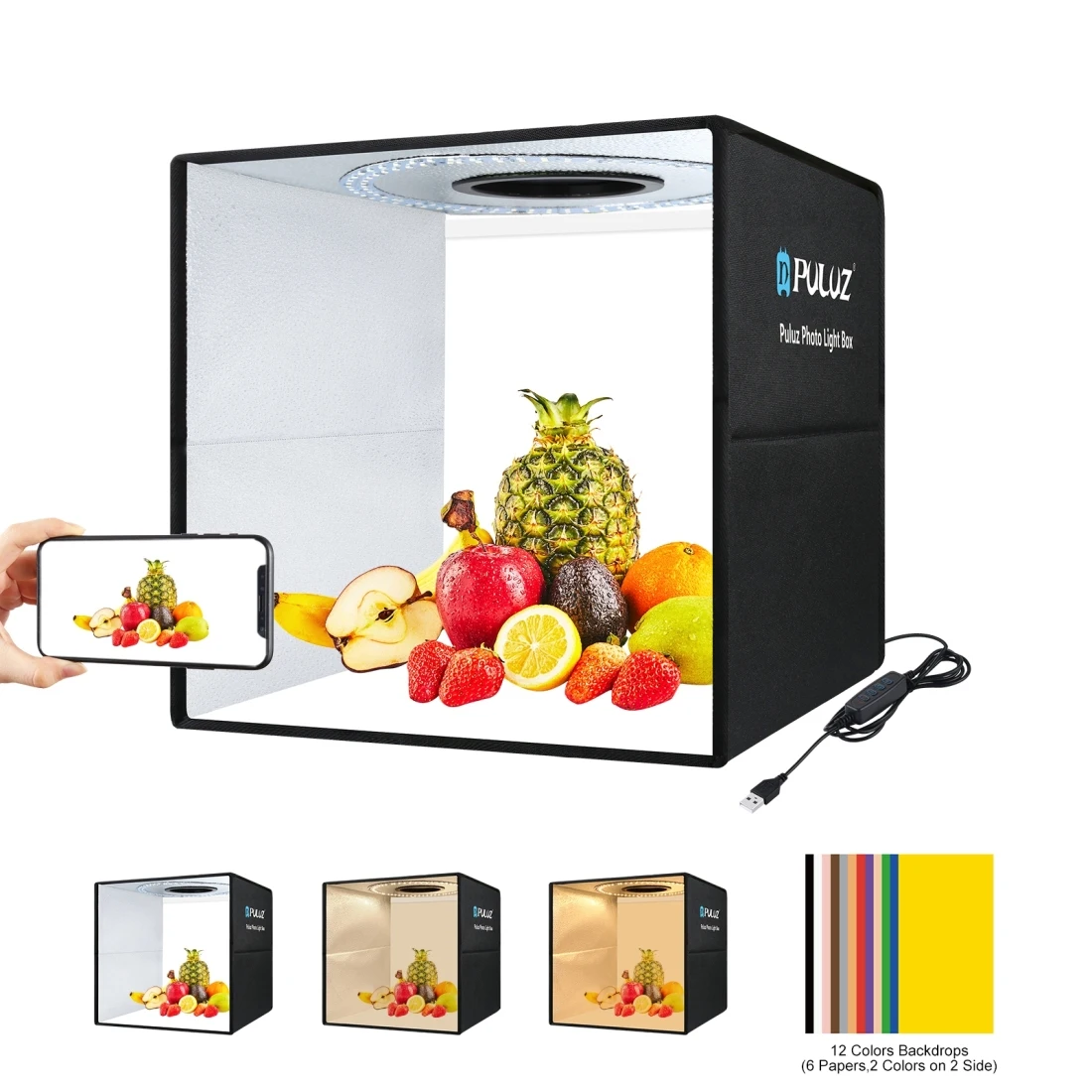 PULUZ 40cm Photo Light Box Folding Portable Ring Light USB Photo Lighting Studio Shooting Tent Boxwith 6 x Dual-side Color Backd