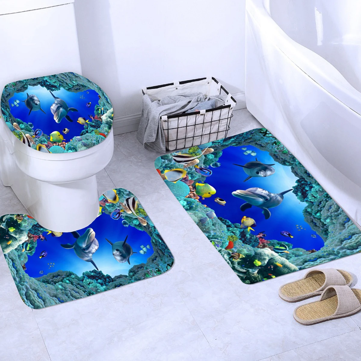 Океан дизайн дельфин 4 в 1 водонепроницаемый ткань Ванная комната 3D Душ шторы набор с нескользящей Туалет крышка коврики украшения дома - Цвет: D 3PCS