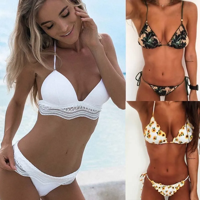 Solid Push Up Bikinis Sexy Lace Patchwork Bikini Set Bathing Suit Low Waist Bandage Swimwear Print Beachwear Female Swimsuit |