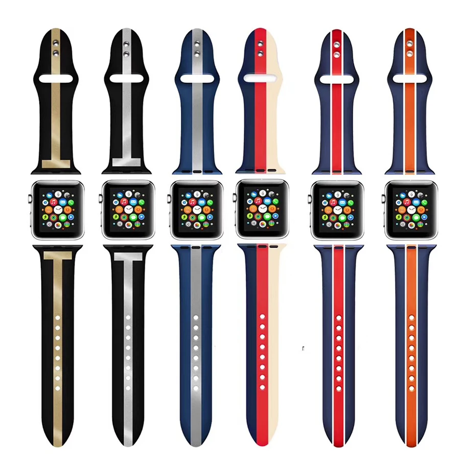 Спортивные костюмы в полоску, ремешок для наручных часов Apple Watch 5 Series 5 4/3/2 Браслет ремешок для наручных часов iWatch 38 мм/40 мм/42 мм/44 мм мягкий силиконовый сменный ремешок