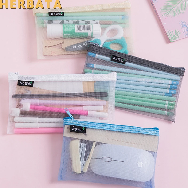 Creative simple transparent gauze large-capacity portable zipper pencil case student stationery bag pouch desk organizer | Канцтовары