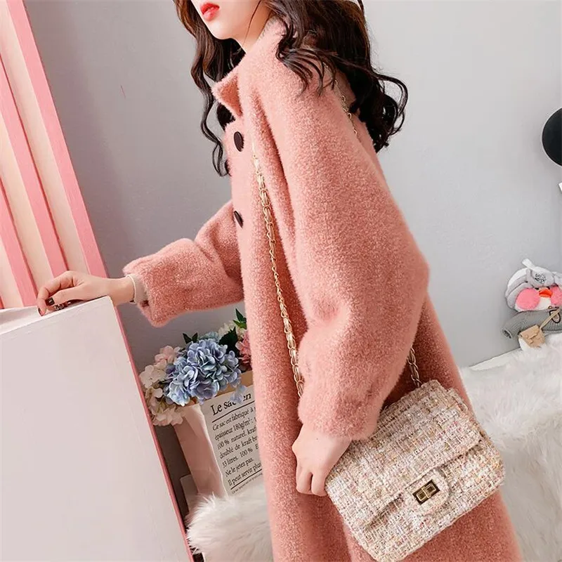 Имитация бархата пальто куртка женский толстый теплый длинный рукав свободный зимний свитер длинный кардиган - Цвет: Розовый
