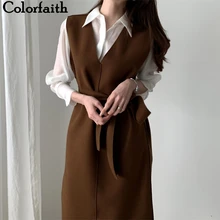 Colorfaith, новинка, осенне-весенние женские платья с поясом, однотонный, прямой, вязаный, теплый свитер, элегантный, офисный, для девушек, DR7199