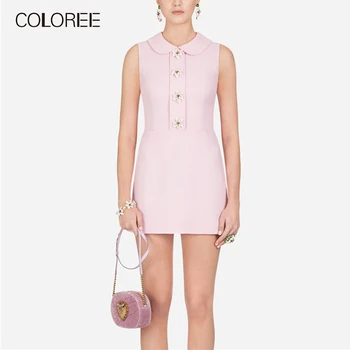 

Summer Runway Designer Dress Women 2019 Summer Sweet Peter Pan Collar Cute Lily Flower Buttons A-line Slim Dress