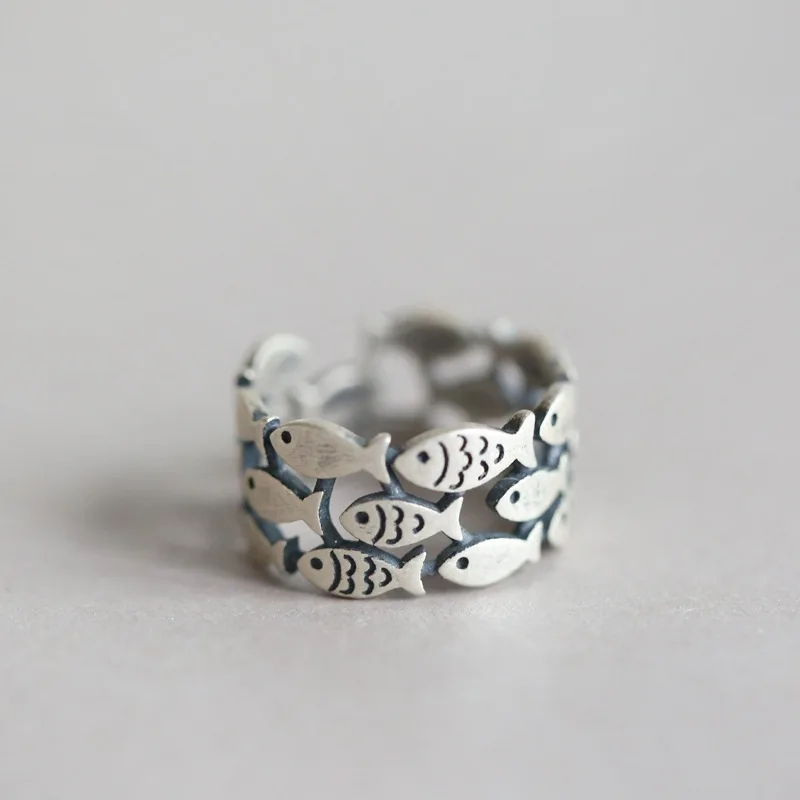 

Vintage Small Fish Wide Face Ring Men's and Women's Vintage Thai Silver Open Ring