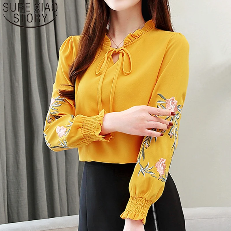Женские топы и блузки blusas mujer de moda 2018 цветочной вышивкой шифон Повседневное Раффлед женские рубашки 1645 50