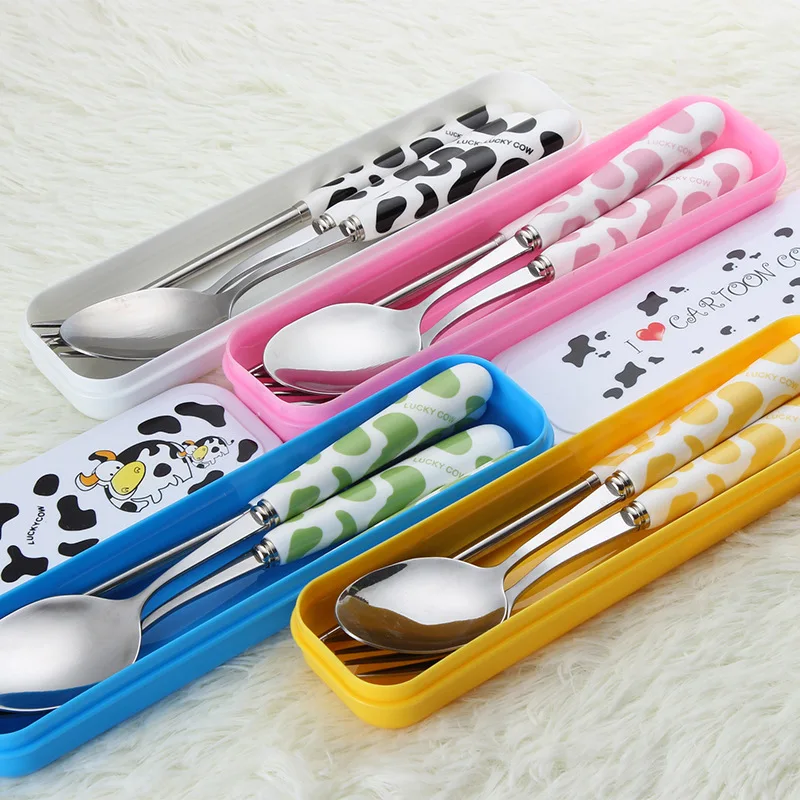 

3PCS/Set Baby Feeding Spoon Fork Chopsticks Set Cartoon Ceramic Handle Stainless Steel Infant Tableware Kids Cutlery with Box