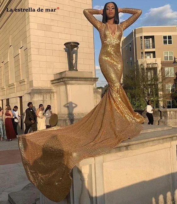 Gala jurken2019 Новый украшенный блестками и бисером сзади с длинными рукавами золотые сексуальные Русалка африканские платья для выпускного