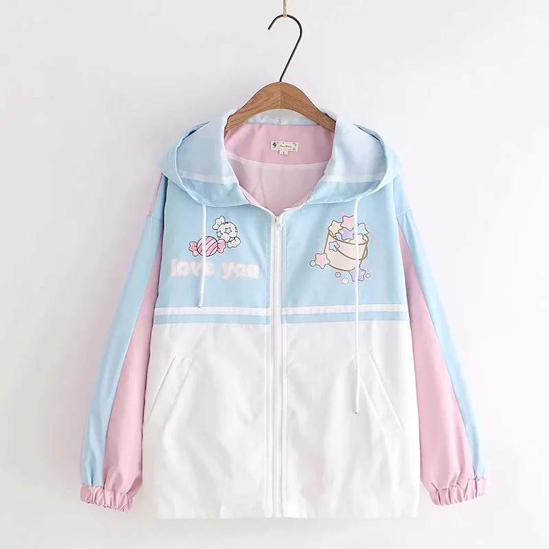 

Hooded Ladies Spring Autumn streetwear Stand Collar Jacket Women Fashion cardigan top Cute print Baseball Female Coat