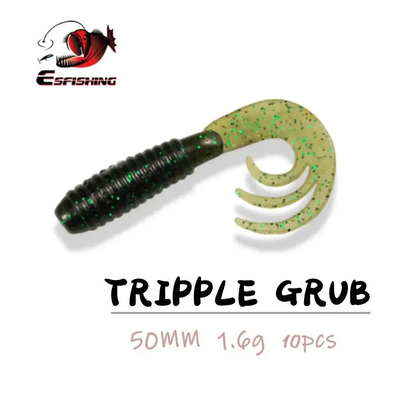 ESFISHING Lure China Soft Bait Tripple Grub Tail 50mm 10pcs Artificial Bait Iscas Pesca Tackle Fishing Lures Black Bass ► Photo 1/6