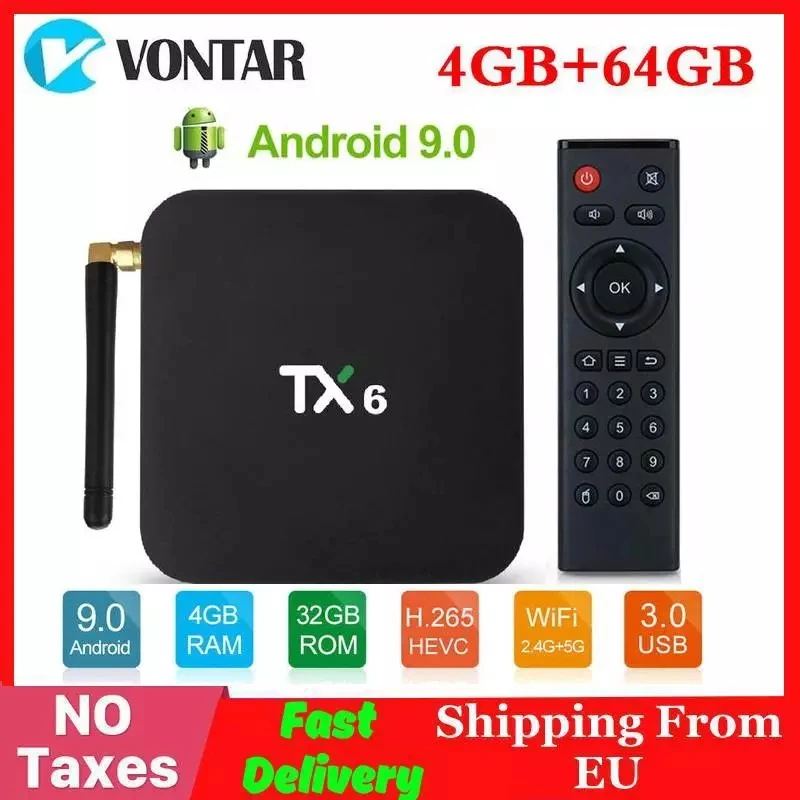  4K Smart TV Box Android 9.0 TX6 Allwinner H6 4GB RAM 64GB ROM 2/16G 32G BT 2.4G/5GHz Dual WiFi Medi