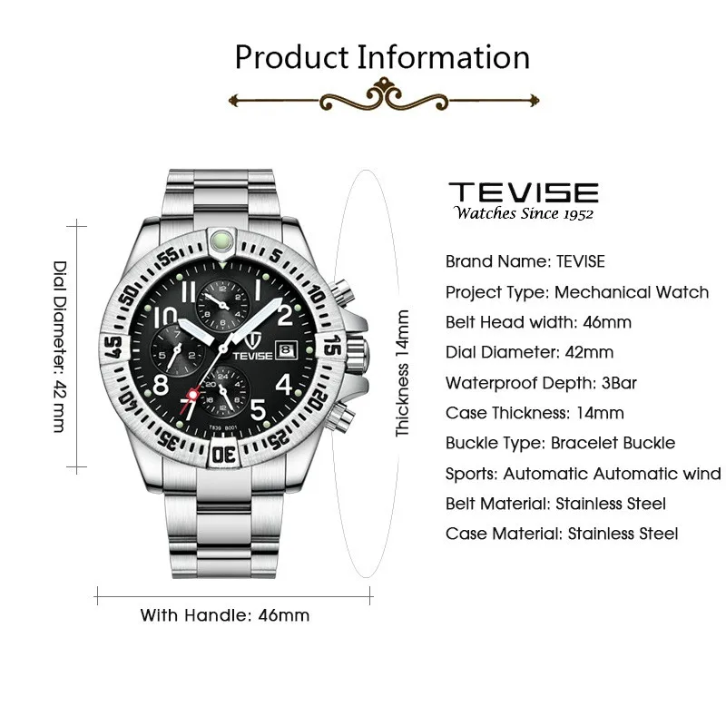 TEVISE Reloj Hombre мужские часы лучший бренд автоматические механические часы мужские роскошные часы из нержавеющей стали ремешок Tourbillon часы 839B-002