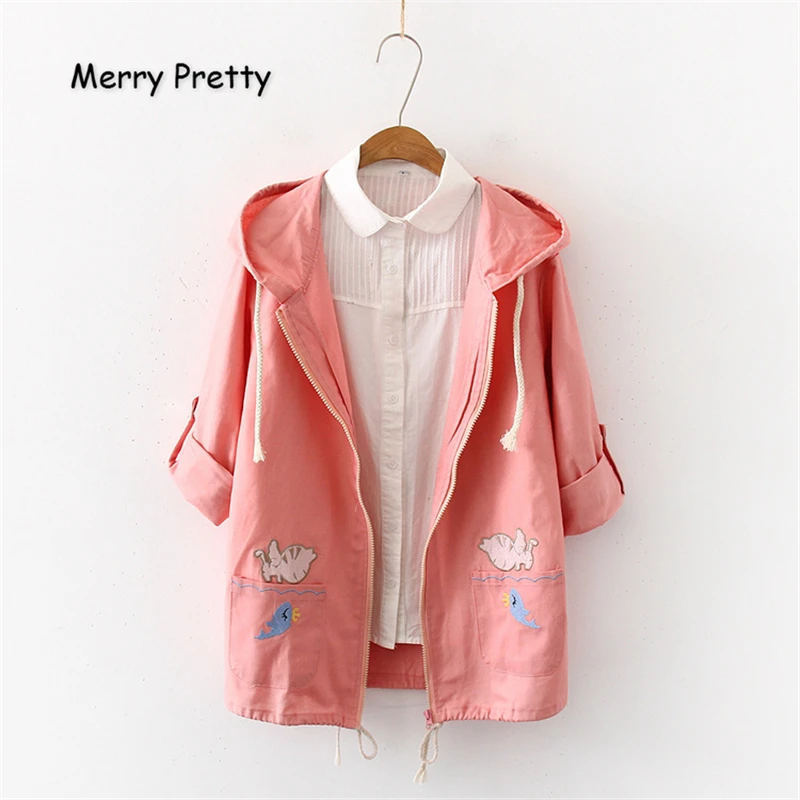 

Merry Pretty Women Cartoon Embroidery Basic Jacket 2019 Winter Long Sleeve Pockets Hooded Jacket Casual Zippers Outerwear Coat