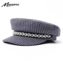 Военная Кепка для девочек, армейские шляпы, шляпы матроса, женские бриллиантовые и перламутровые украшения, одноцветные черные шляпы, лето, весна, осень