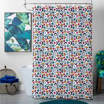 

Shower Curtains for Bathroom Sets Rustic Colorful,Memphis Style Geometric Composition with Half Circles Plus Sign Dots and