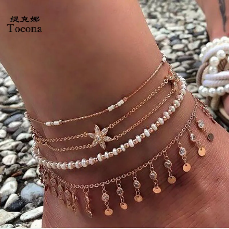 Tocona 4pcs/sets Beaded Tassel Anklets Pretty Flowers Clear Crystal Stone Foot Chain Women Accessories Summer Jewelry 8284 Tocona 4pcs/sets Beaded Tassel Anklets Pretty Flowers Clear Crystal Stone Foot Chain Women Accessories Summer Jewelry 8284