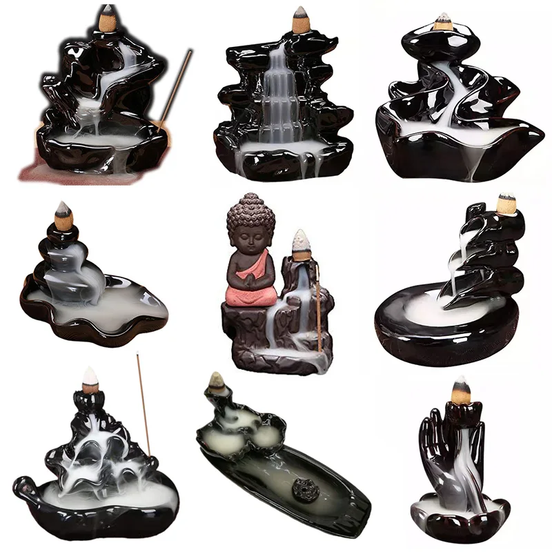 

Ywbeyond Ceramic Incense Holder Portable Backflow Incense Burner Mountain Waterfall Hand Lotus Incense Holder+10 Cones