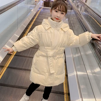 

Fashion Down Coats Winter Jacket Girl Kids Coat Clothing Pink Beige Purple Jacket Hooded Parka Girls Baby Clothes With Belt