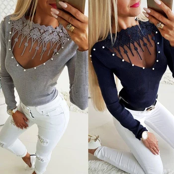 

Embroidered Patchwork Mesh Women Tops Long Sleeve Knitted Spring Pullovers Transprent V-neck Slim Women Casual Outfits