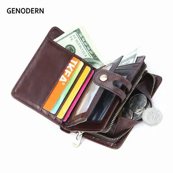 

GENODERN100% Genuine Leather Rfid Vintage Men's Wallet Short Hasp Wallets With Coin Pocket Small Zipper Male Purse Card Holders