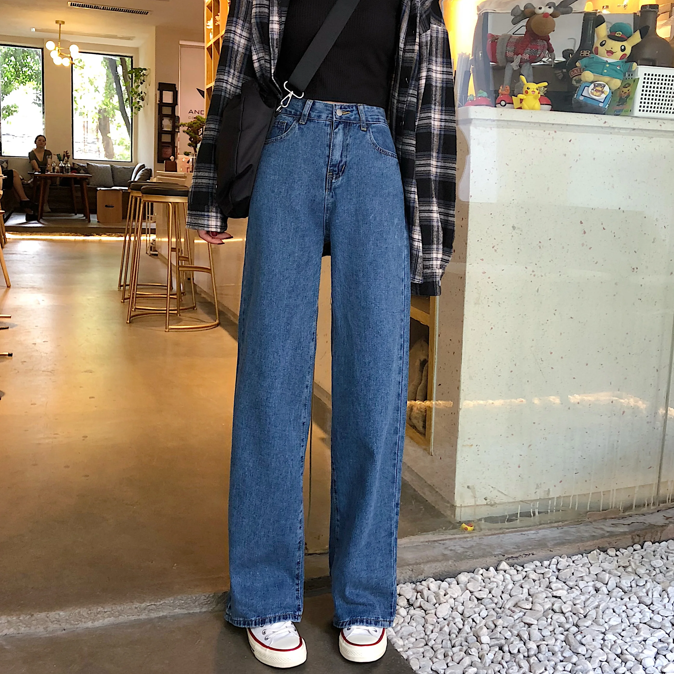 Женские джинсы, джинсовые длинные брюки, прямые, корейский стиль, с карманами, для женщин, с высокой талией, повседневные, свободные, для студентов, уличная одежда, Harajuku Chic