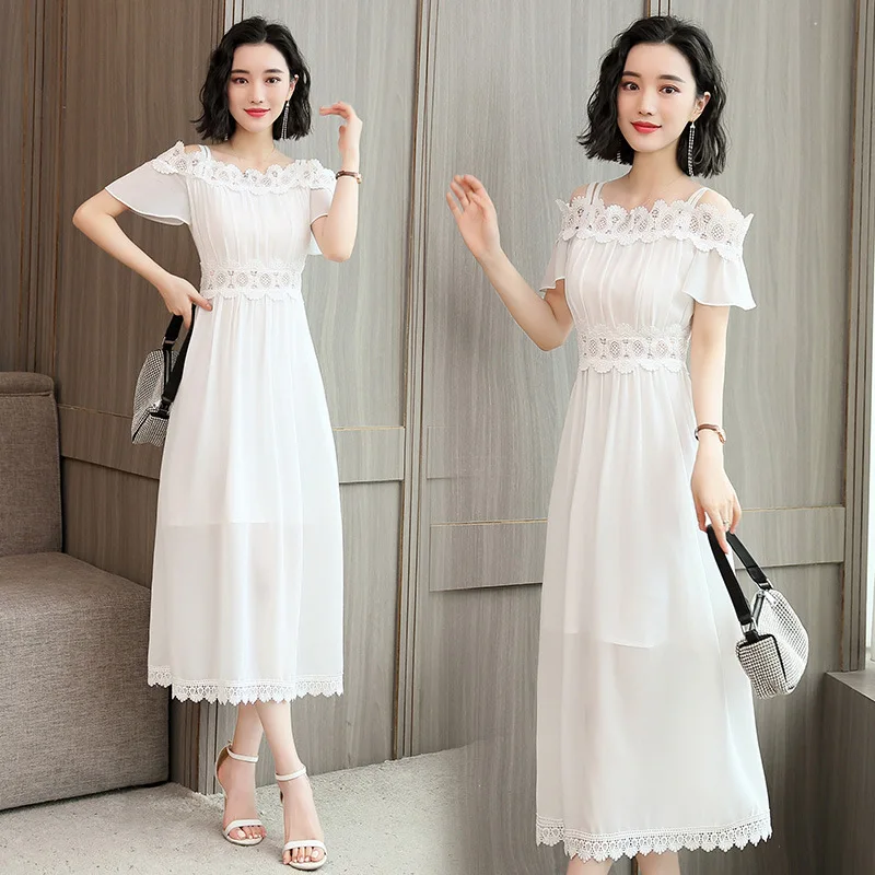 

Europe And America WOMEN'S Dress White Dress Slim Fit Slimming Beach Skirt Women's Summer New Style off-Shoulder Normcore Style