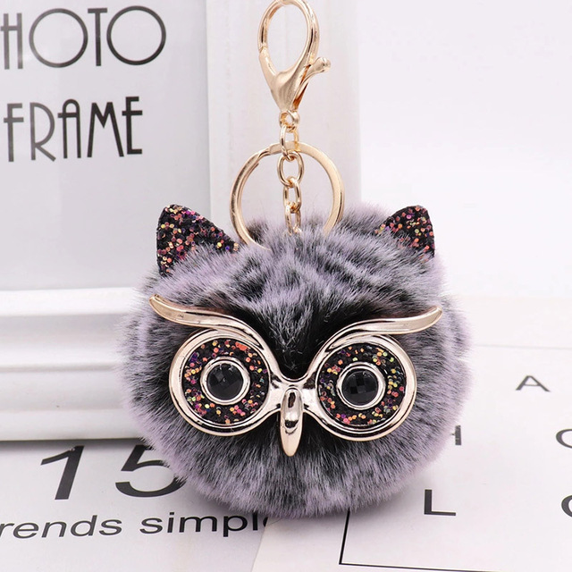 Cute Sequin Ears Owl Keychain Fluffy Artificial Rabbit Hairy Pom-pom Keychain Women's Shoulder Bag Owl Pendant Key Ring