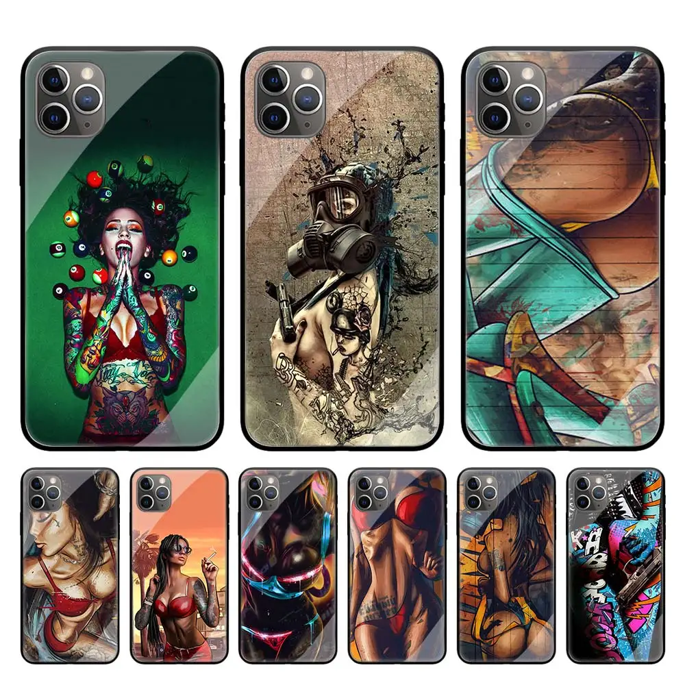 

Sexy Sleeve Tattoo Girl Tempered Glass Phone Case For iphone 11 11Pro X XR XS Max 6 6S 7 8 Plus 7+ 8+ 6 +6s+ Cover Couqe