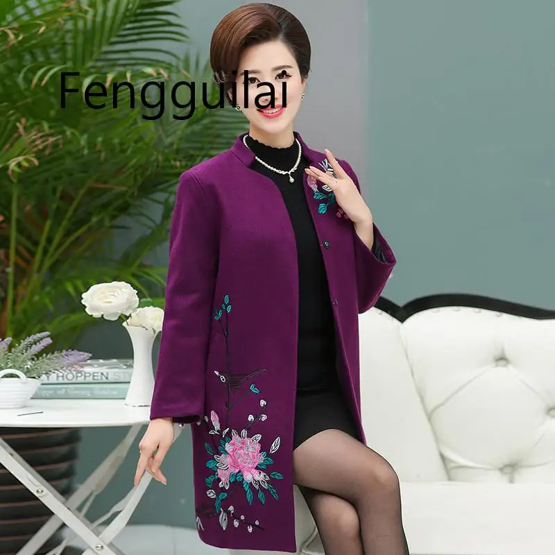 FENGGUILAI модное зимнее шерстяное пальто большого размера длинное однобортное хлопковое пальто с вышивкой Женская шерстяная куртка