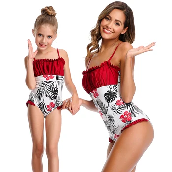 

2020 Sexy one piece swimsuit mom and daughter family matching swimwear ruffle floral printed mother baby girl bathing suit